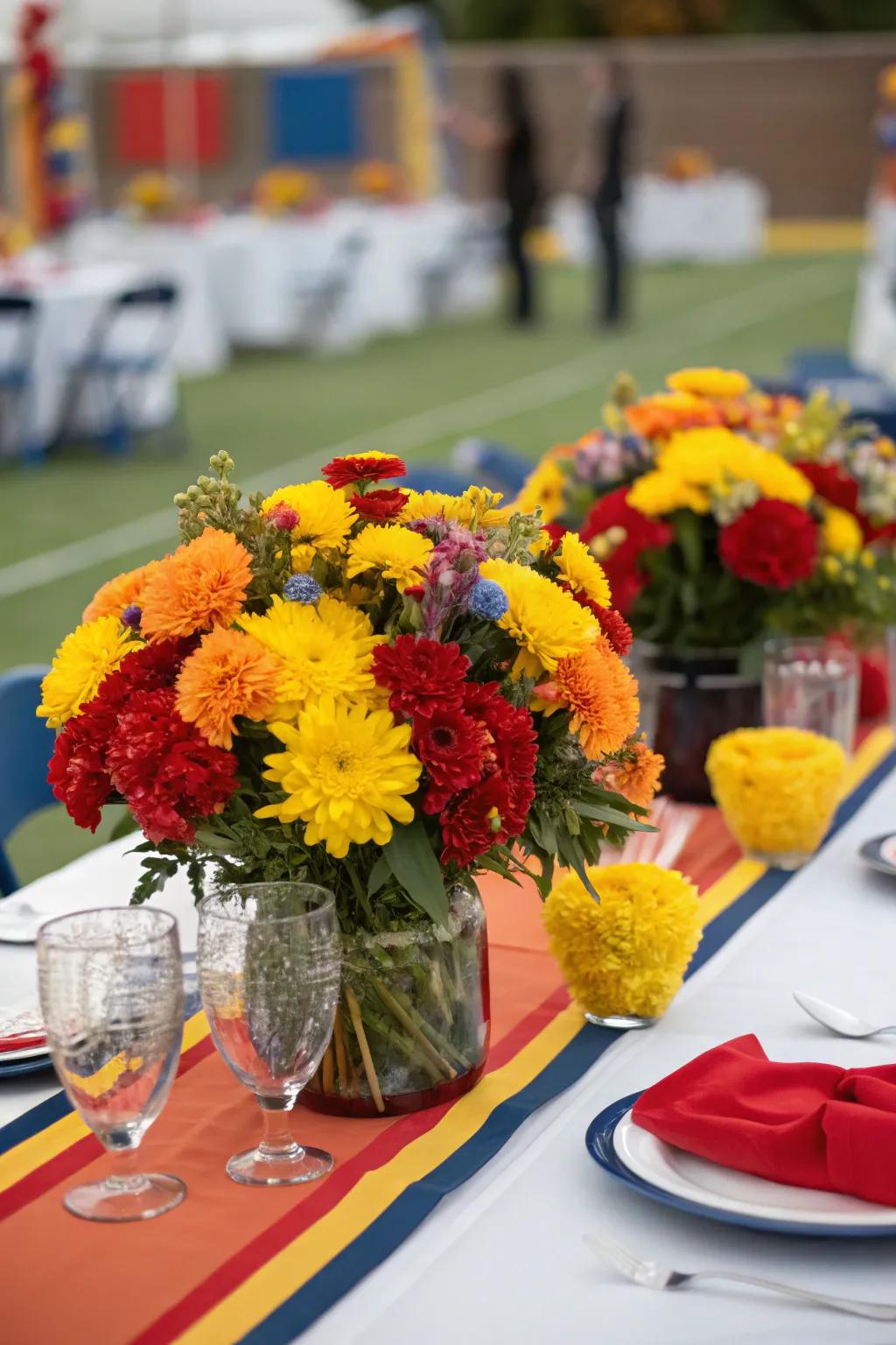 Vibrant floral arrangements infuse school spirit into the celebration.