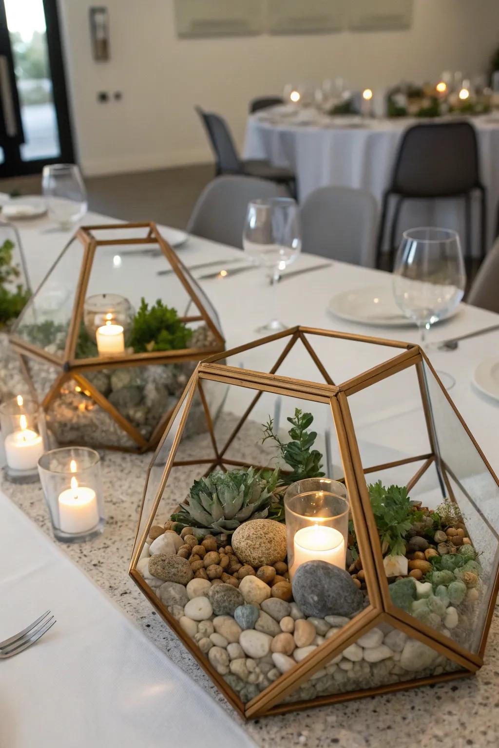 Geometric habitats present a modern, chic substitute for floral displays.