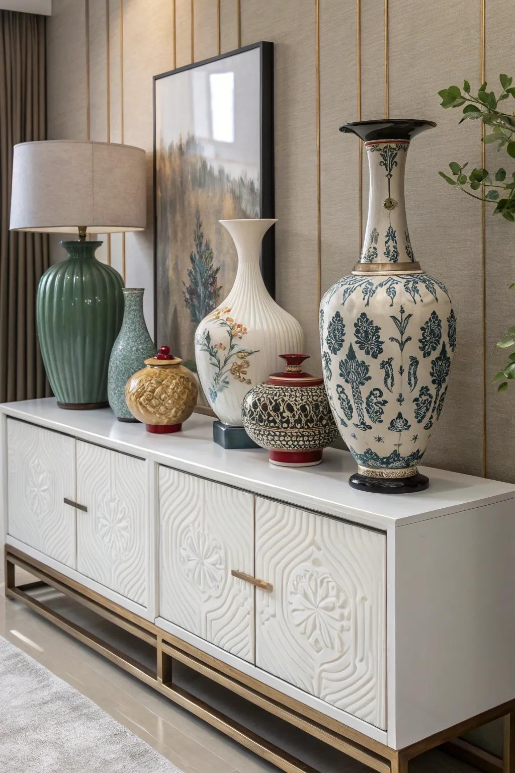 An assortment of ceramic vases in different shapes creates a visually stunning display.