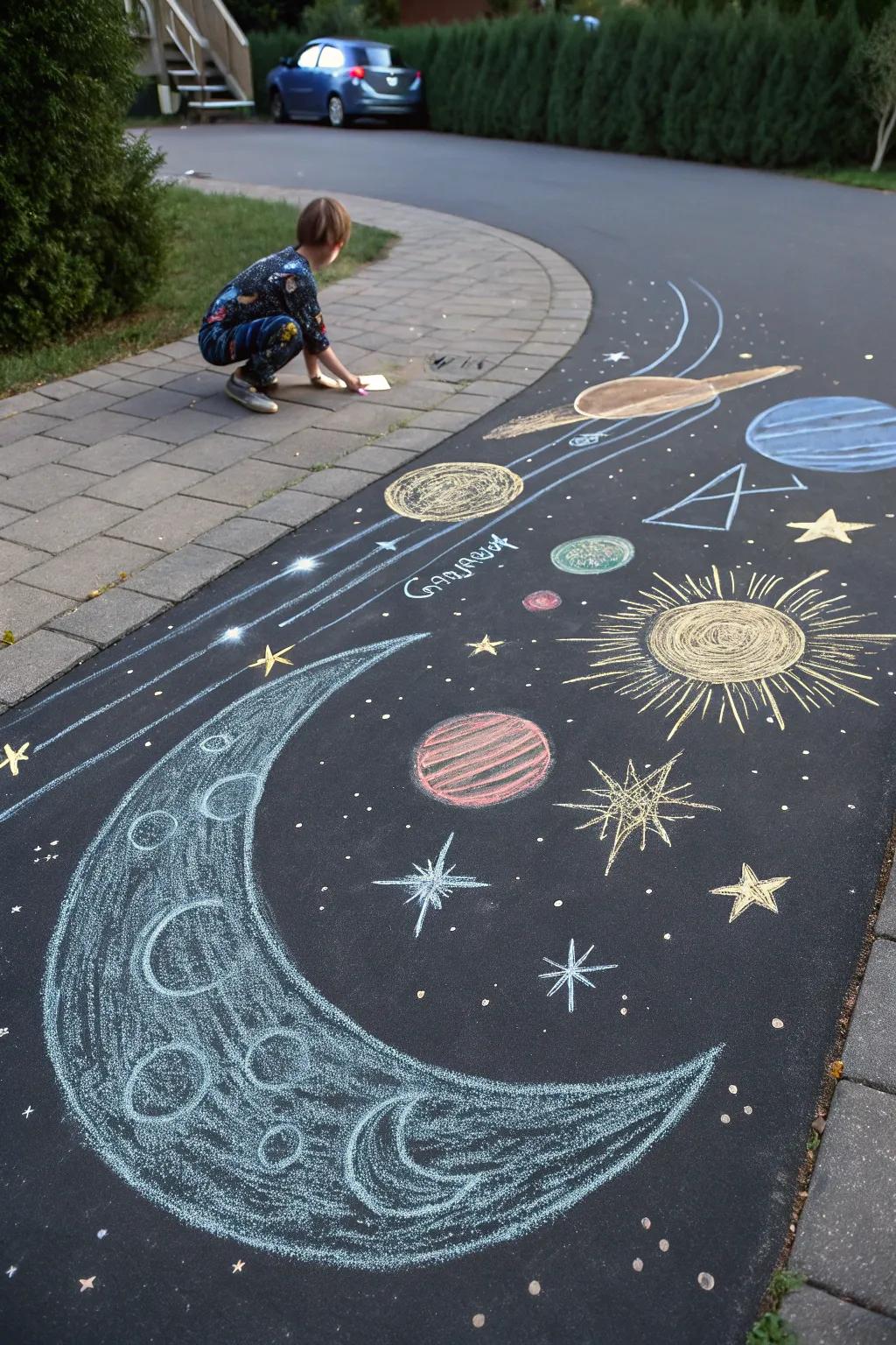 A captivating cosmic scene with chalk stars and planets.