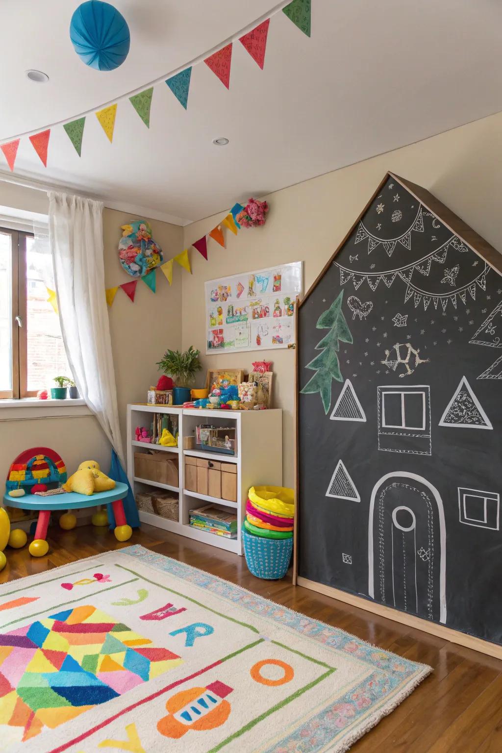 A slate wall fashioned as a playhouse introduces charm and amusement.