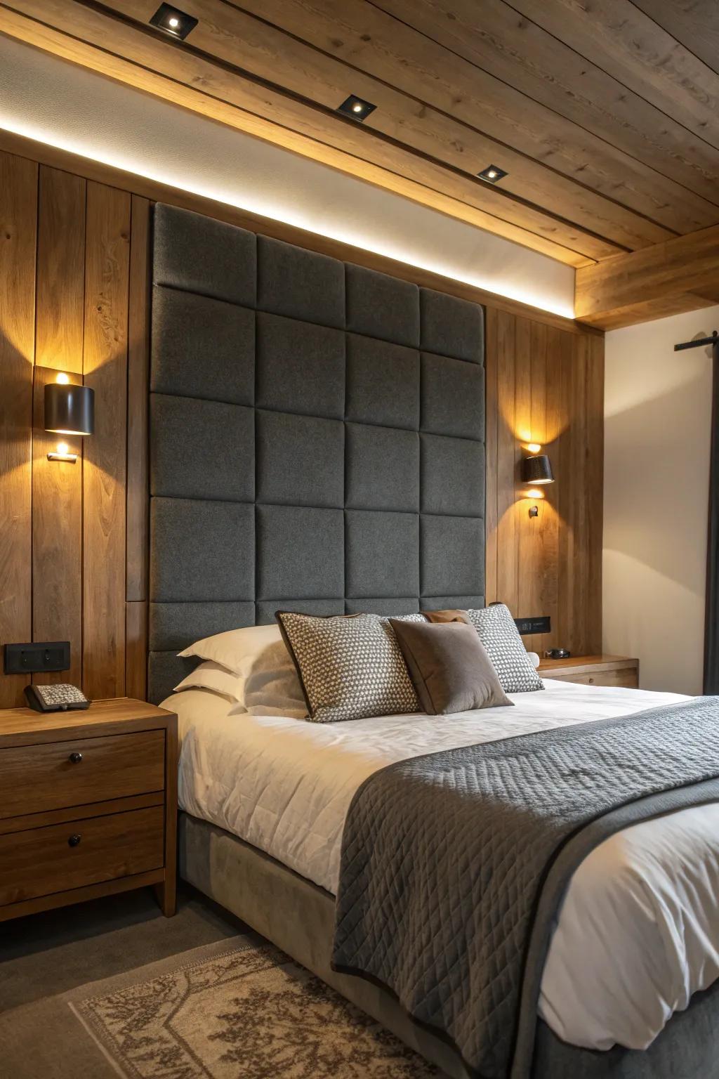 Warm timber details harmonize with the cool undertones of a dark grey headboard.