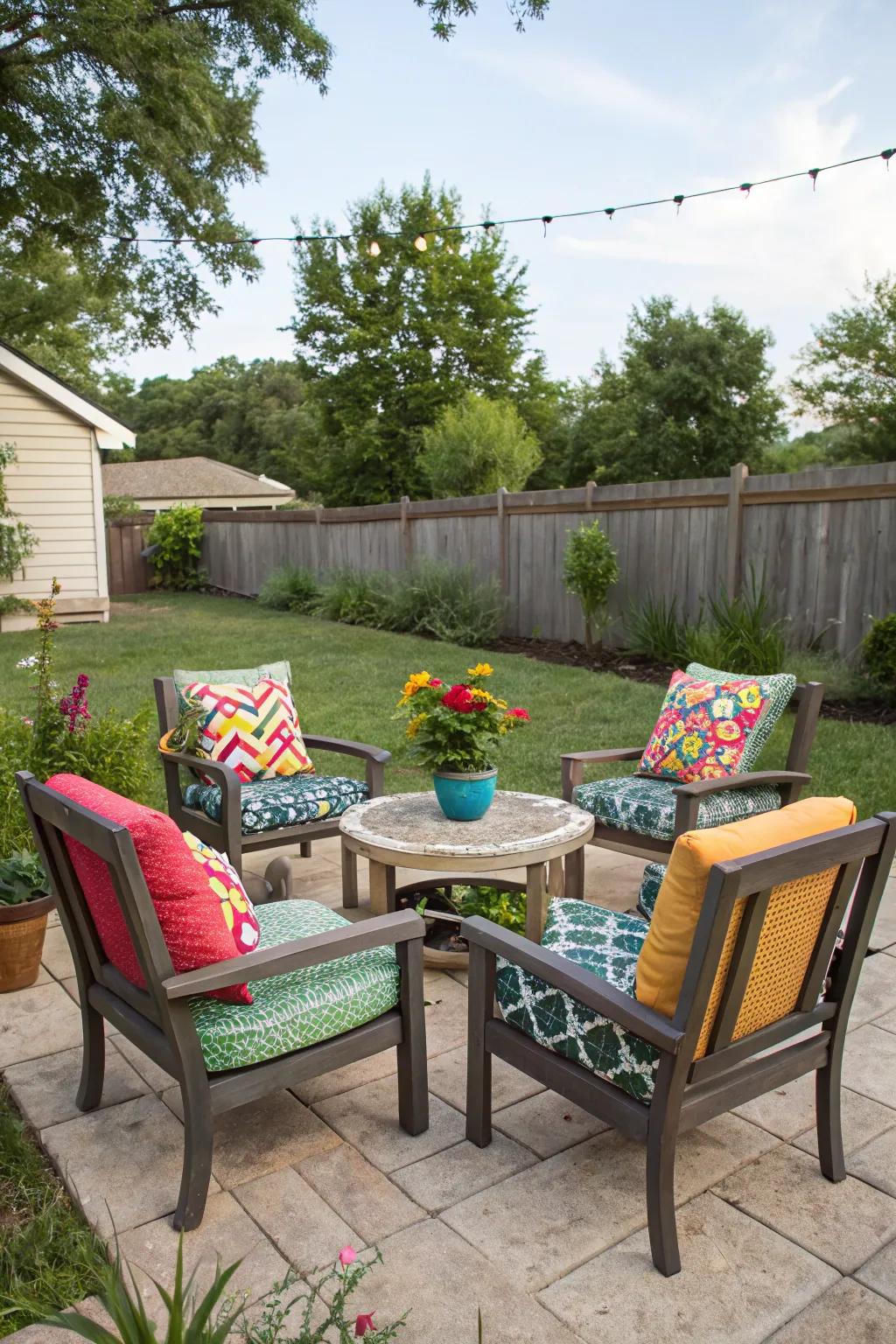 A cozy seating nook crafted from repurposed furniture and vibrant cushions.