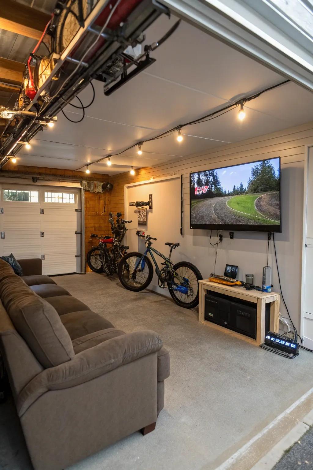 An entertainment zone with a TV on a swivel arm adds functionality.