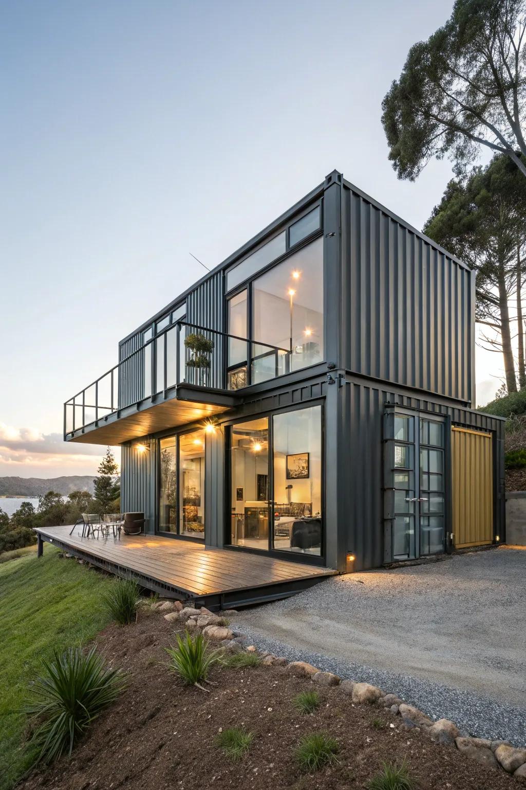 A streamlined repurposed crate dwelling featuring a modern industrial design.
