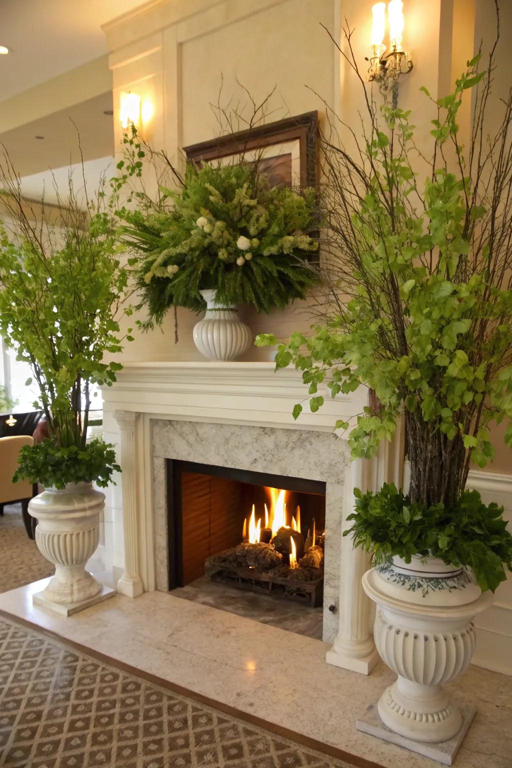 Flora surrounding the fireplace infuses the area with an organic, animated charm.