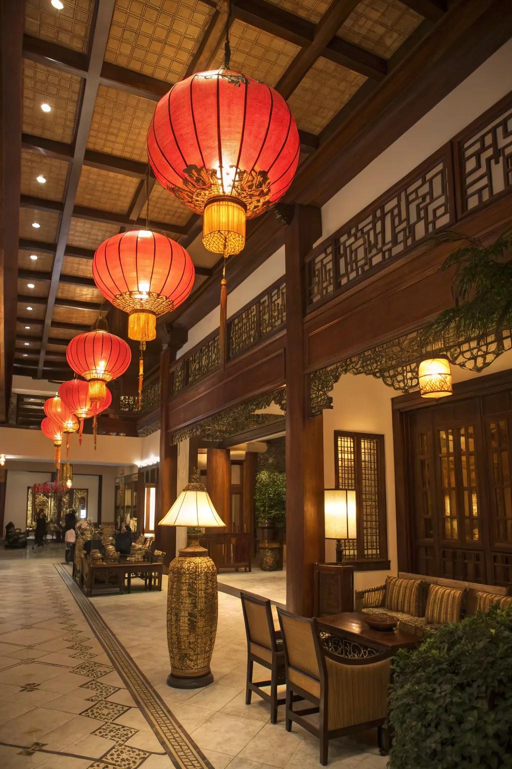 Classic Chinese pendants projecting a cozy glow in the entrance.