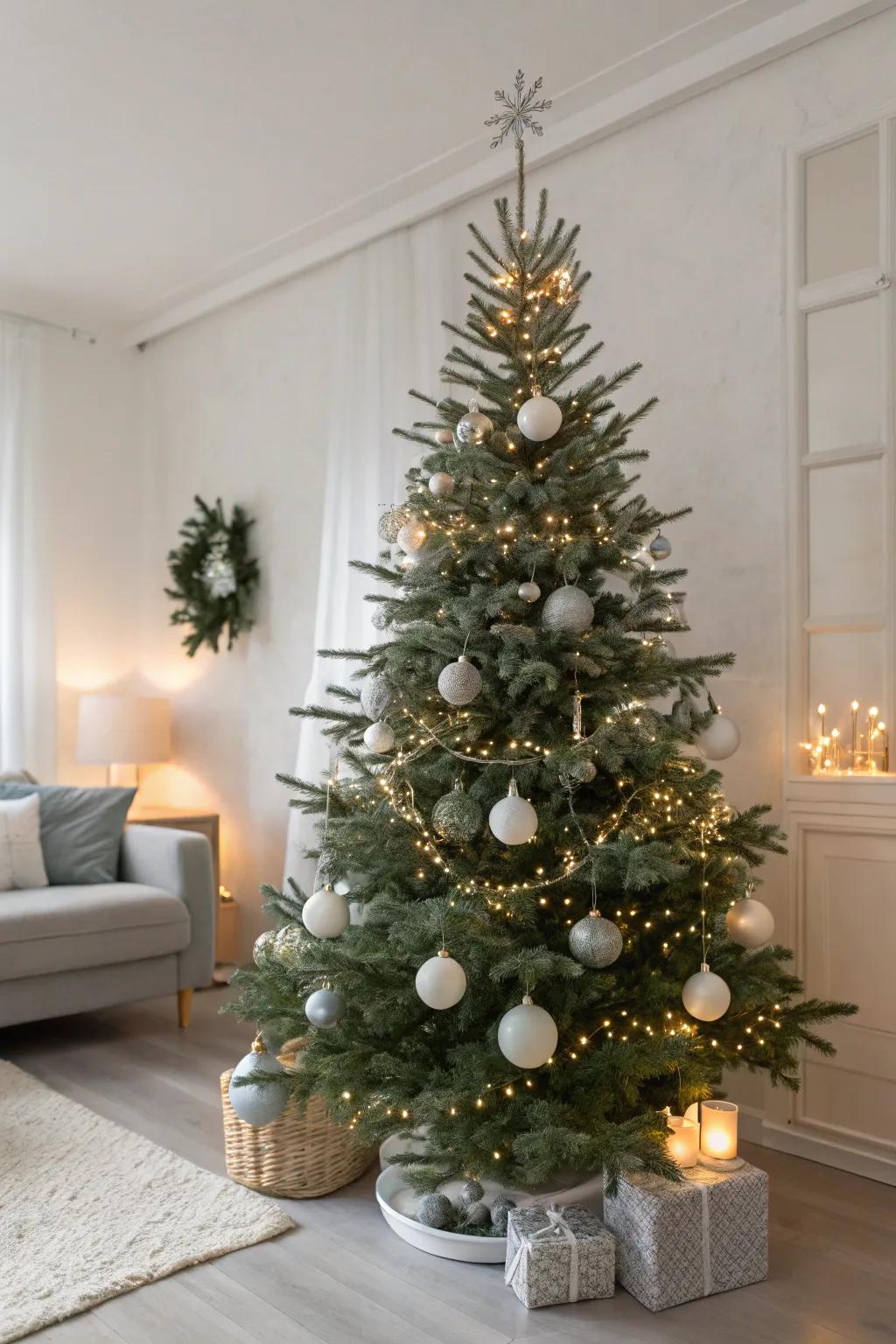 A single-tone argent bauble tree for a stylish and modern holiday appearance.