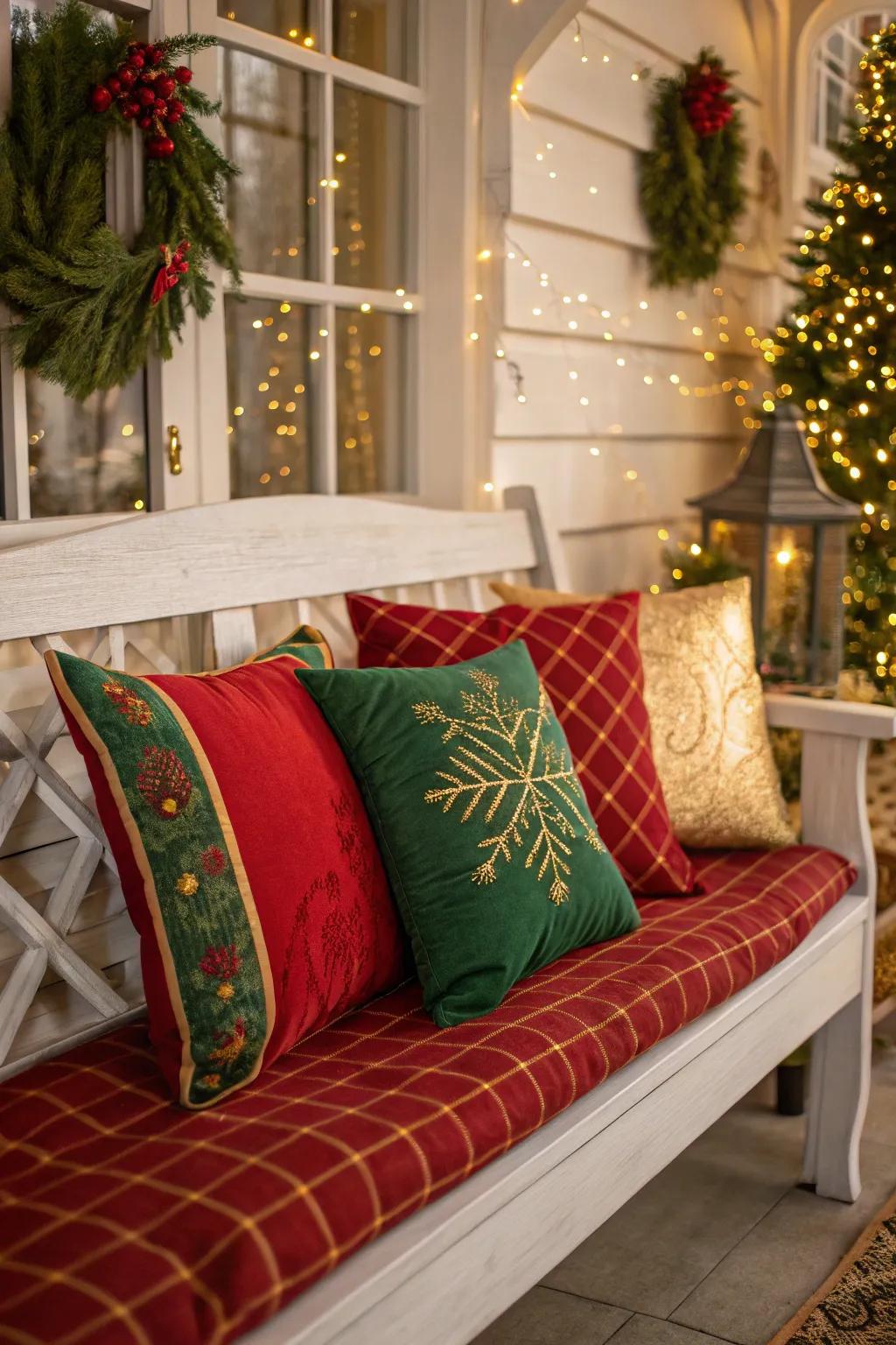 Holiday-themed cushions add a vibrant splash of color and festive cheer to any bench.