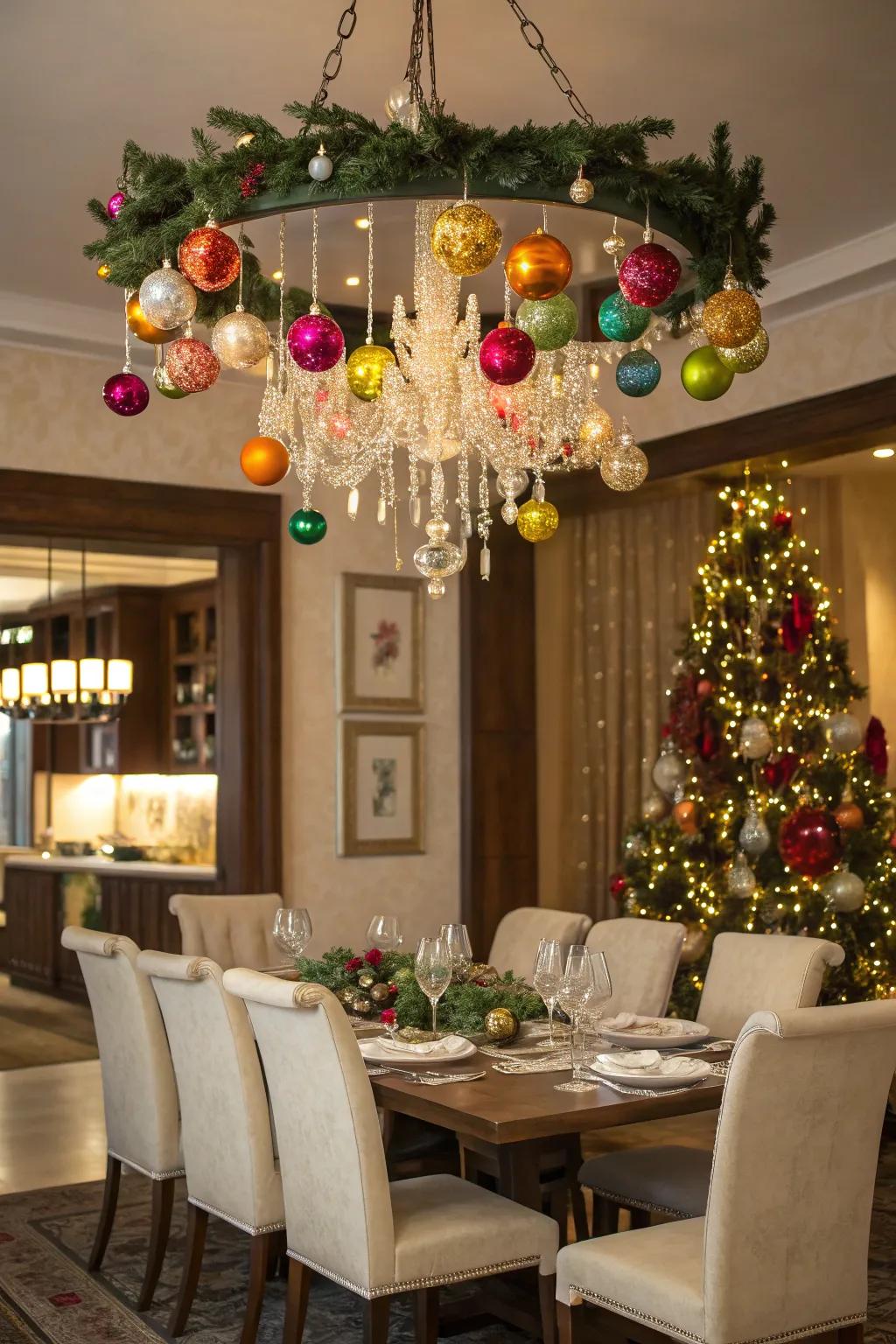 A chandelier laden with baubles: a bold declaration of holiday joy.