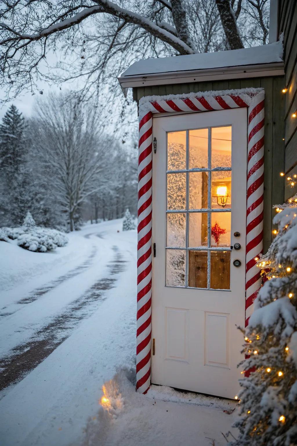 Playful candy cane patterns infuse a cheerful essence into this festive doorway.