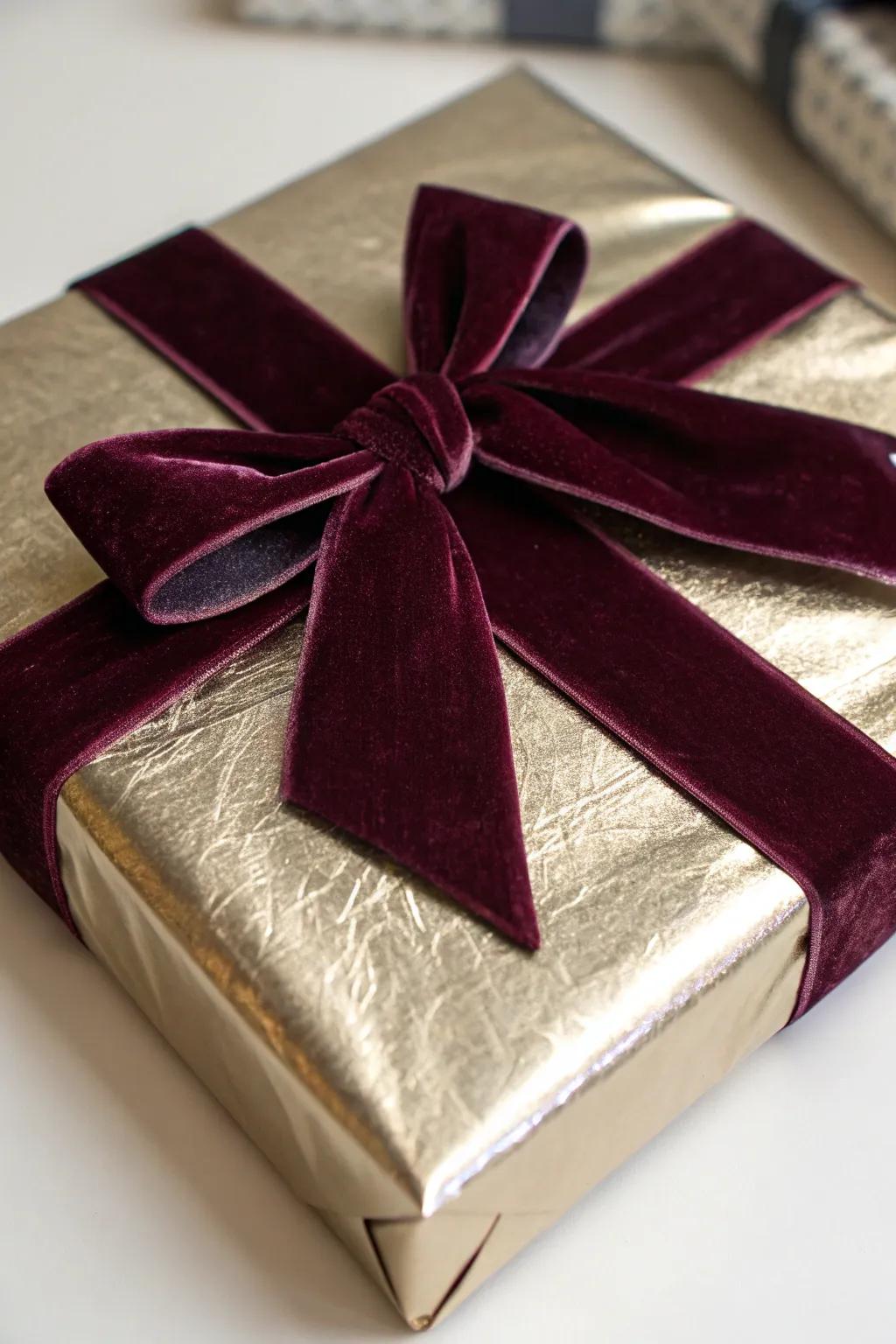 Opulent plush band contributes a hint of elegance to lustrous wrapping.