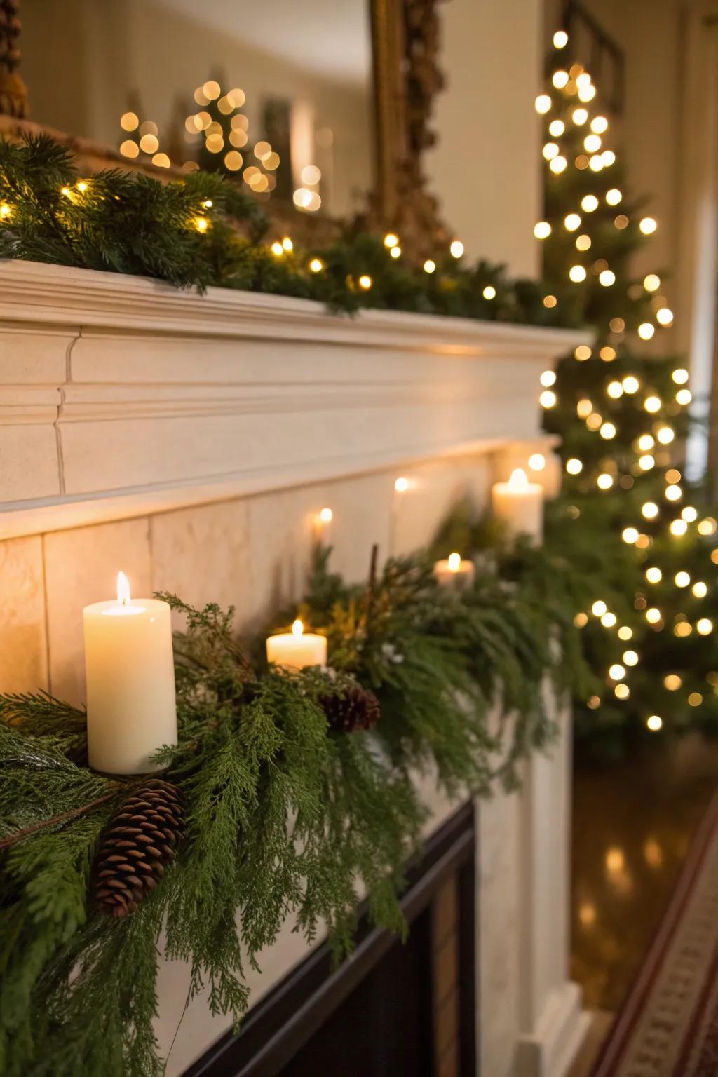 A beautifully adorned mantel ready to celebrate Christmas.