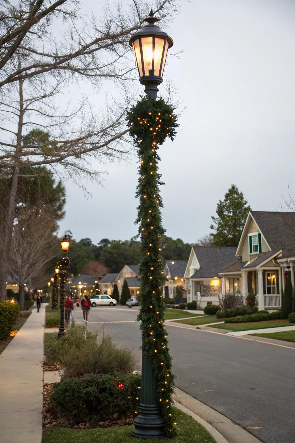A lamp post elegantly draped with rich garlands and sparkling lights.