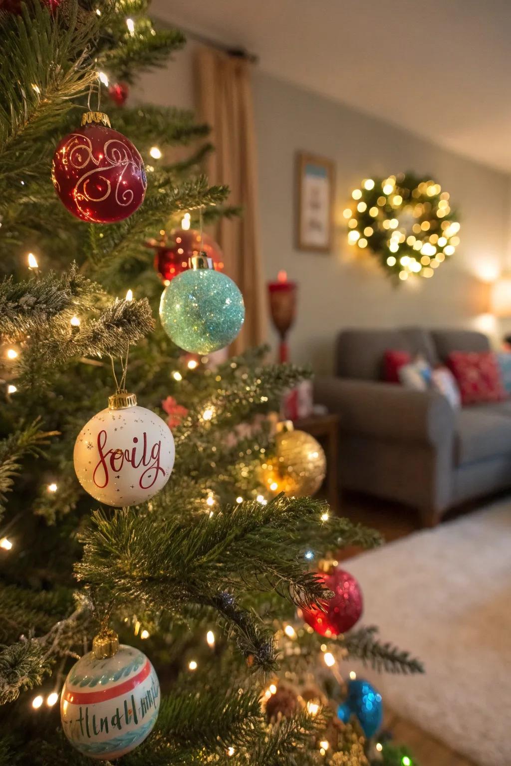 Festive spheres adorned with handwritten monograms suspended from a tree.