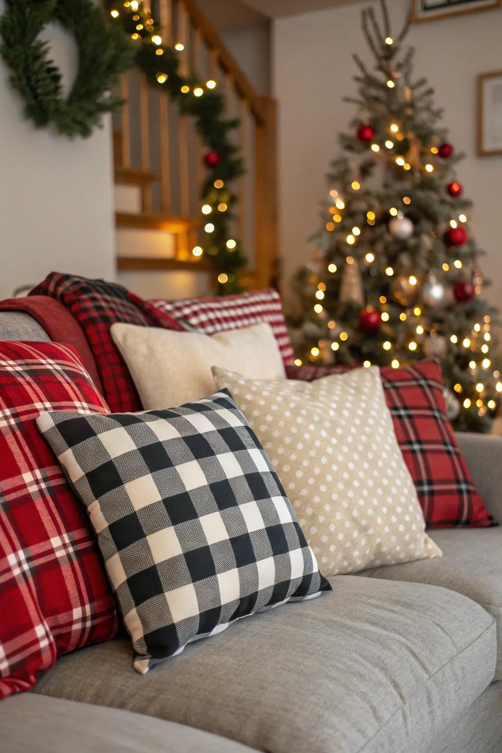 Tartan cushions conveying countryside tenderness to the dwelling area.