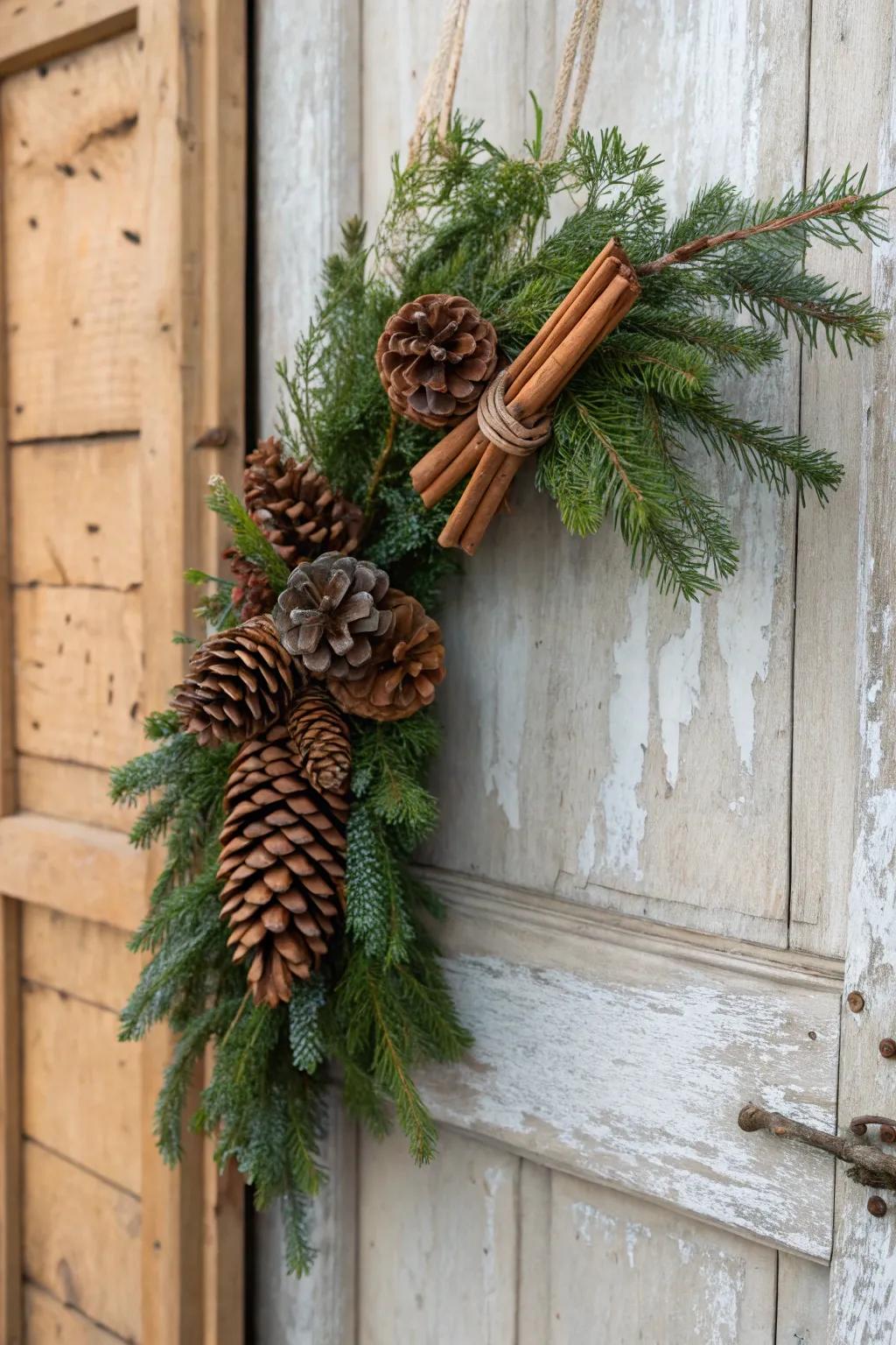 Rustic charm with pine cones and cinnamon sticks.