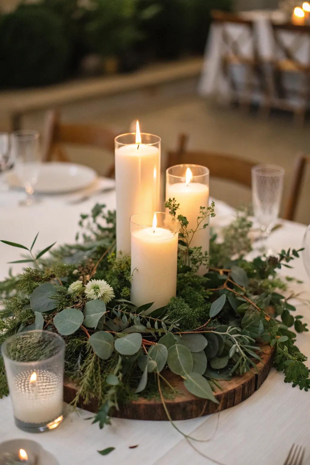 Candles amidst greenery craft a welcoming, enchanting atmosphere.