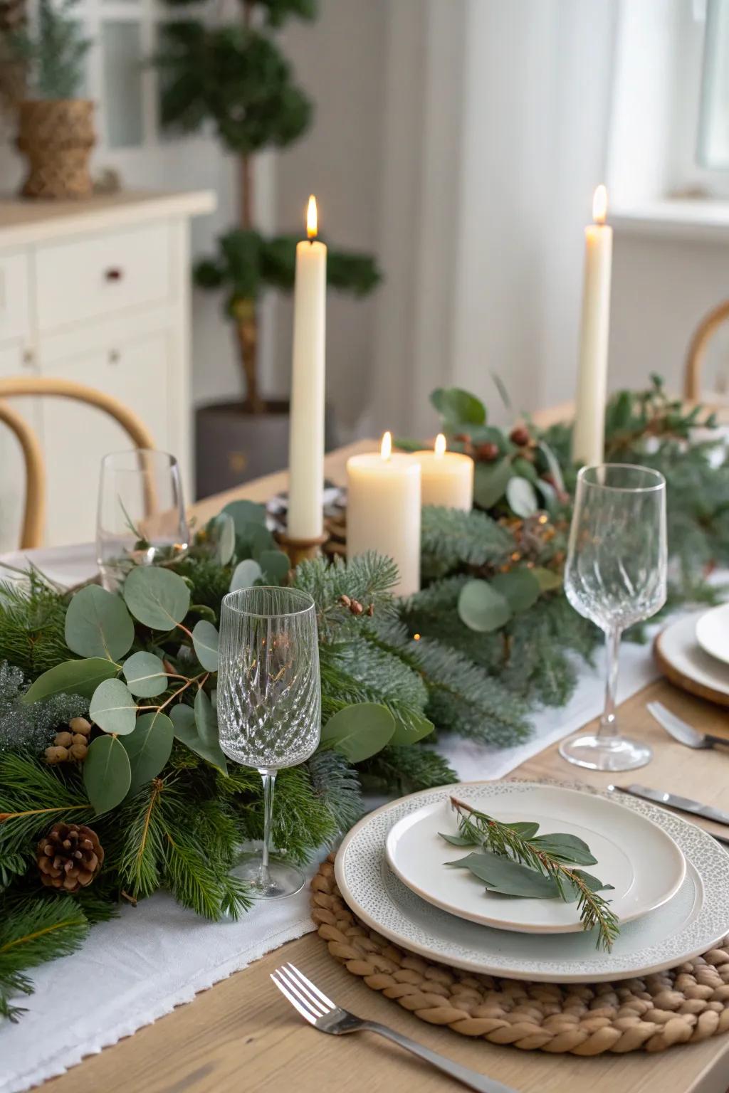 Natural greenery infuses a refreshing and fragrant touch to holiday tables.