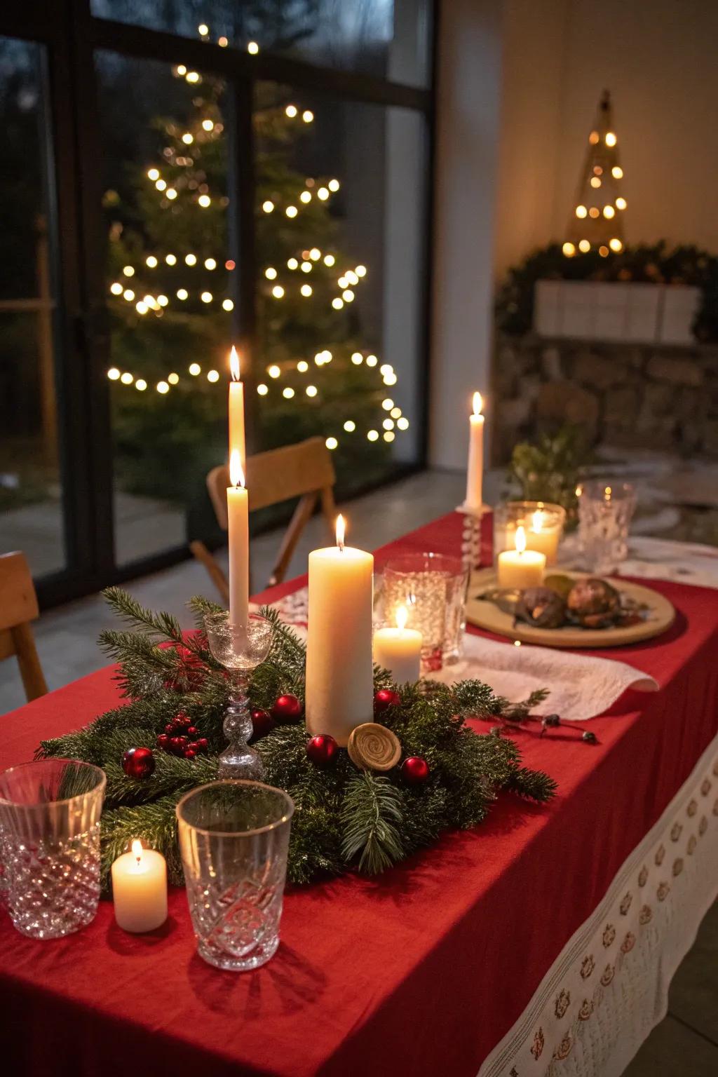 Candles of varying heights create a warm, festive atmosphere on the table.