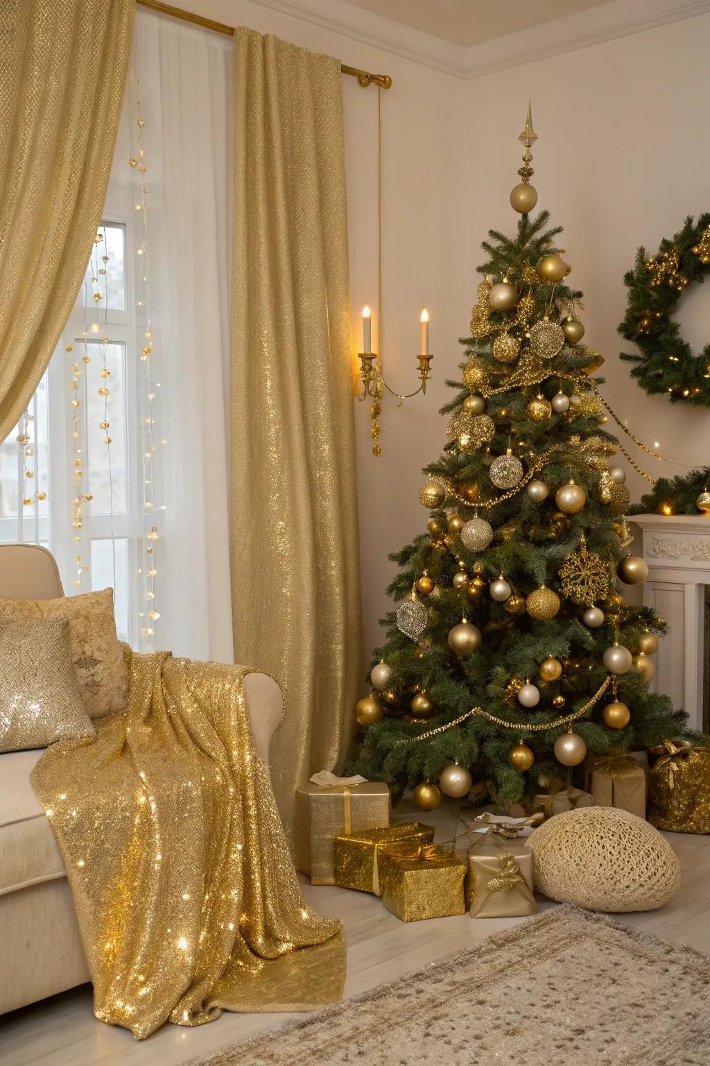 A hint of grandeur with gleaming gold holiday ornamentation.