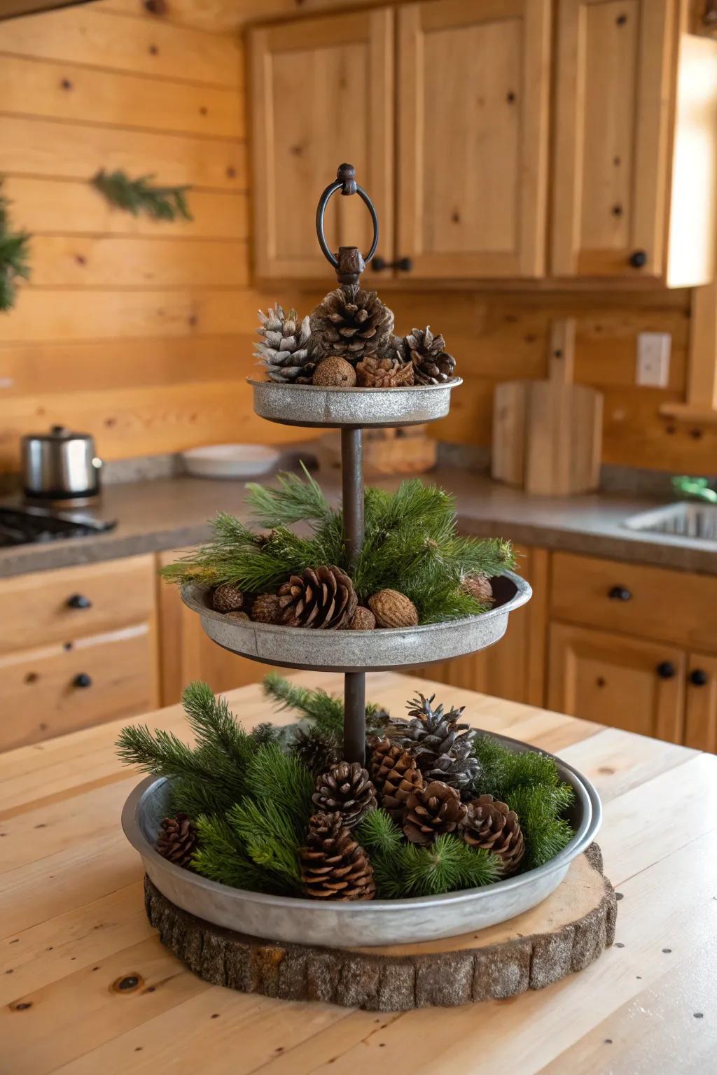 Earthy elegance featuring acorns and greenery on a tiered stand.