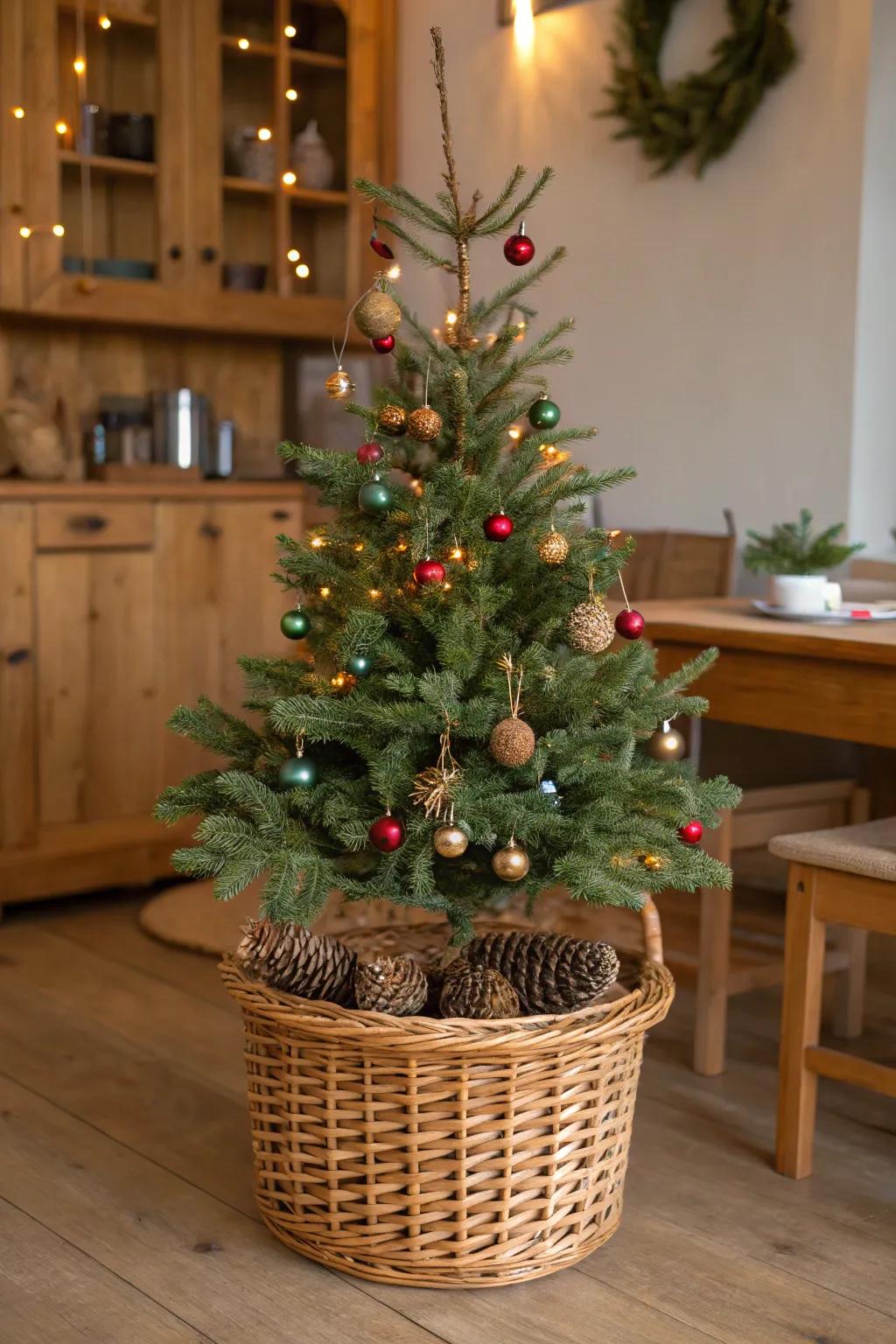 A braided container introduces countryside charm to your tree.