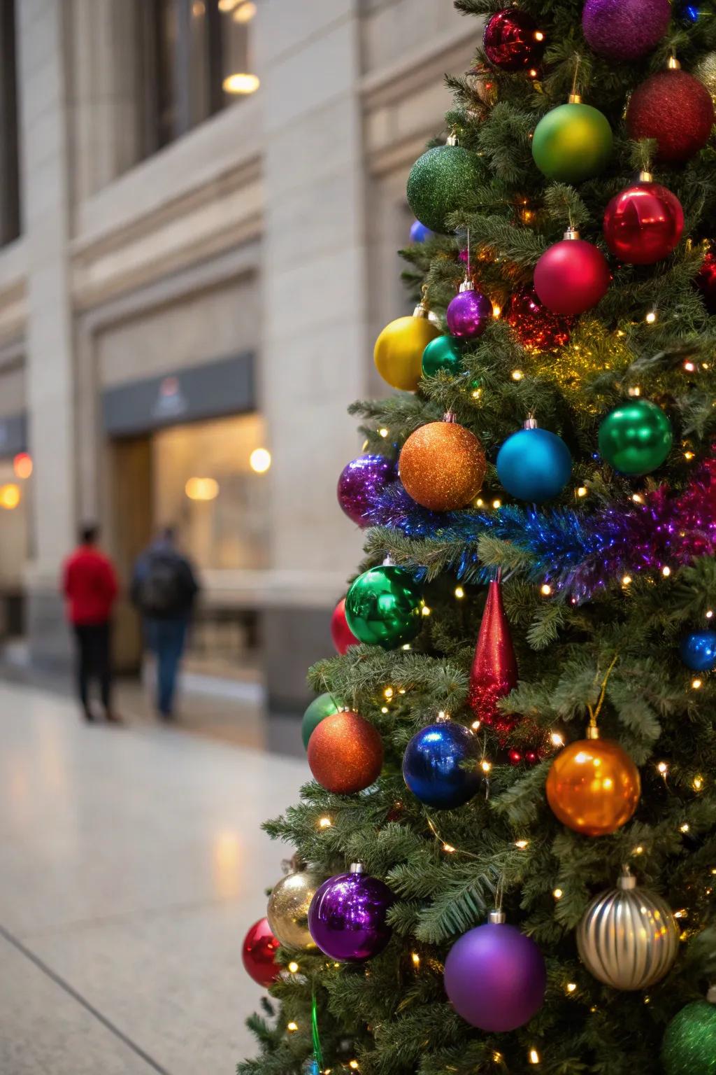 A bright rainbow-themed Christmas tree.