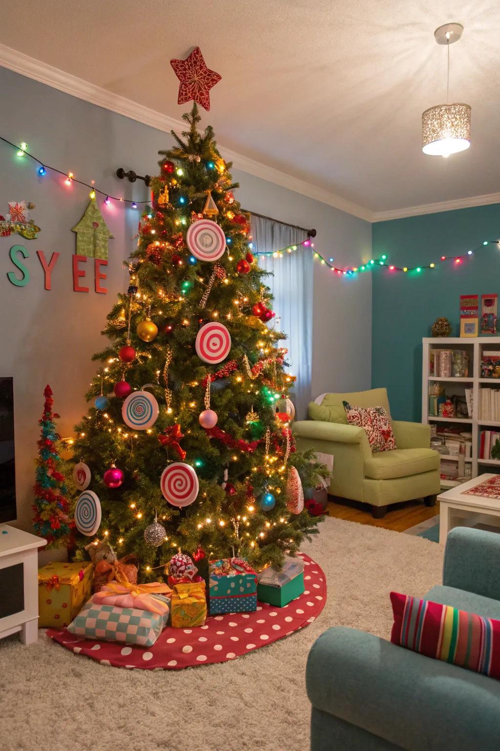 A whimsical Christmas tree embellished with confection-themed ornaments and colored illuminations, ideal for a playful holiday atmosphere.