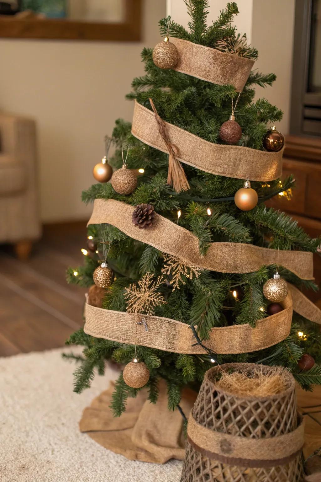 A Christmas tree featuring rough-spun ribbons coiled horizontally, projecting a rustic allure.