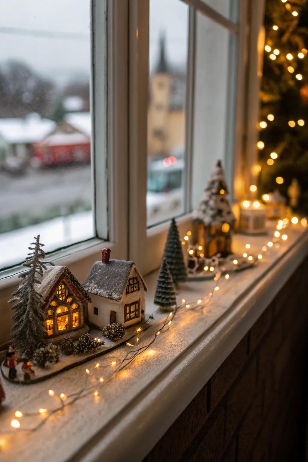 A window ledge provides a distinctive outlook on a festive Christmas village.