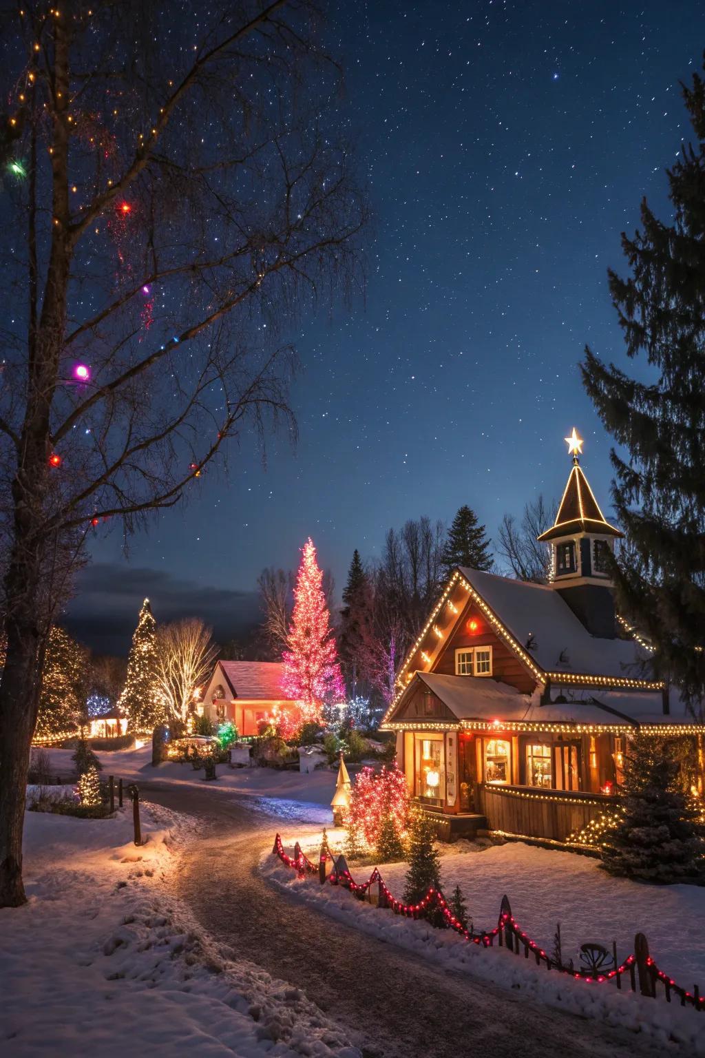 Glimmering lights energize the village scene.