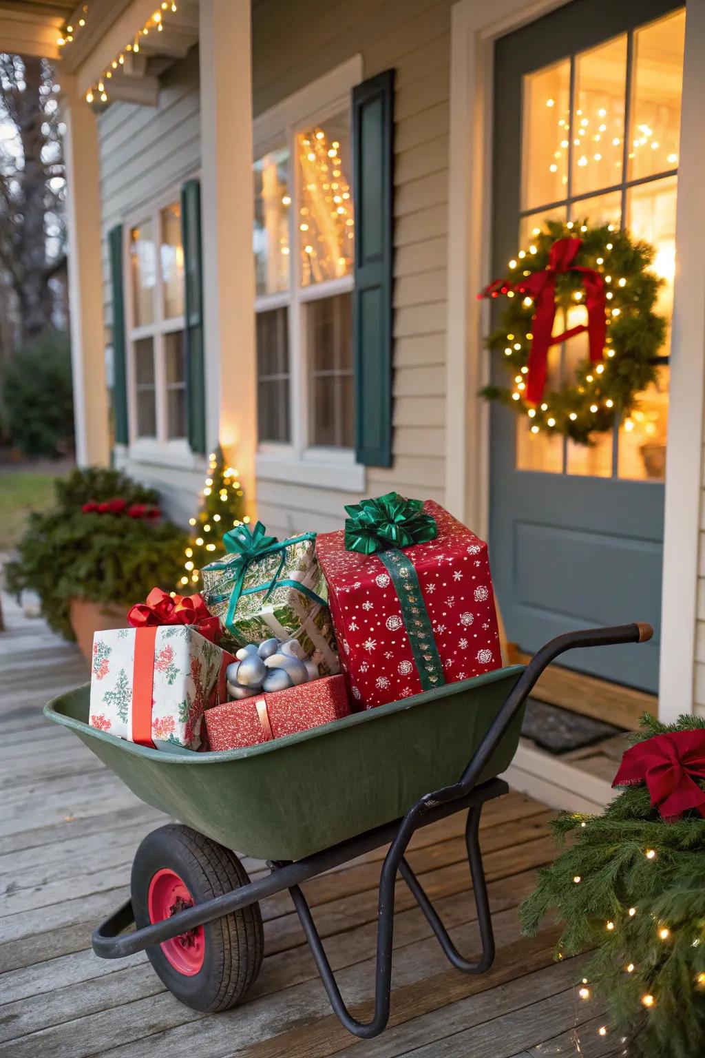 A wheelbarrow transformed into a festive showcase for wrapped gifts.