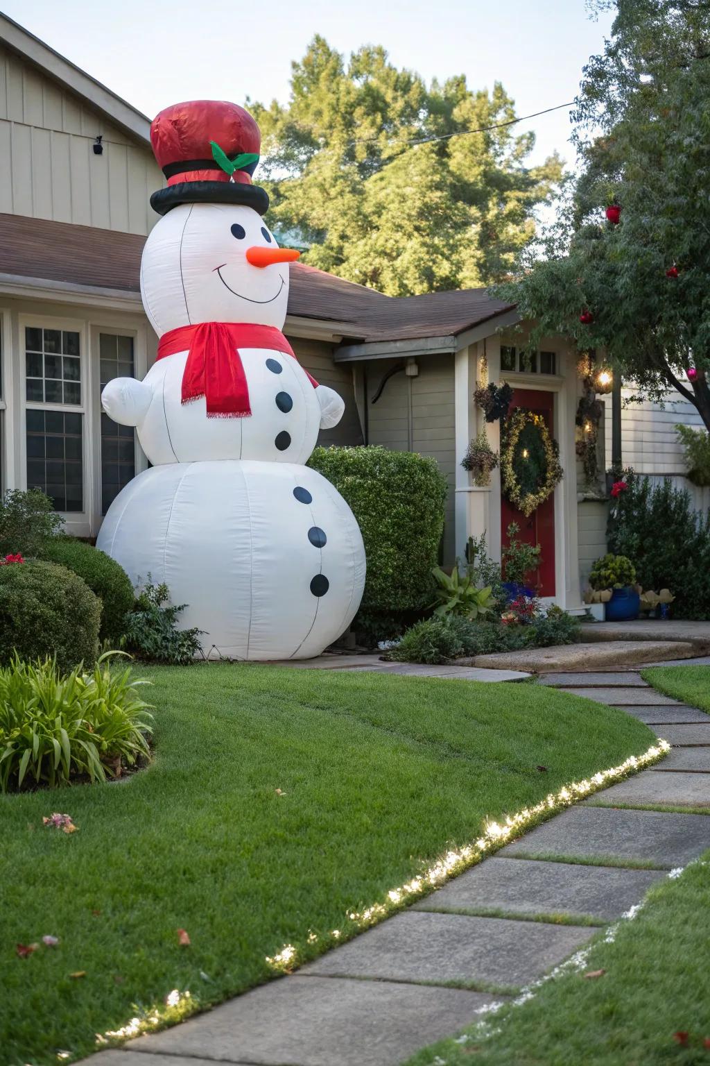 A cheerful air-filled frosty figure standing in a residential front lawn.