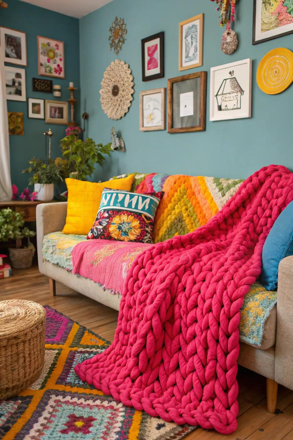 Create an impression with vibrant-colored blankets.