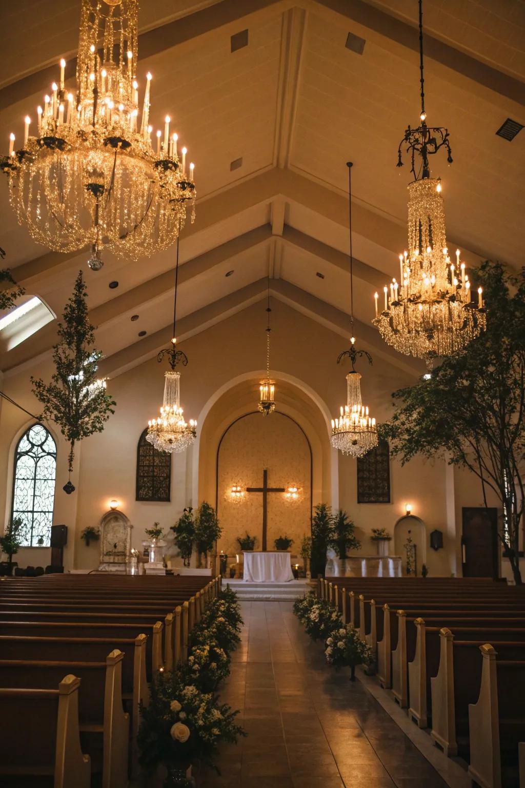 Elegant overhead fixtures craft a welcoming and timeless setting.