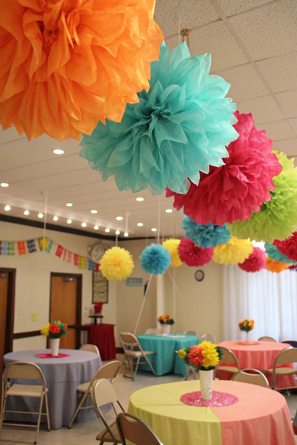 Large delicate paper flowers infuse bright colors into your Cinco de Mayo decor.