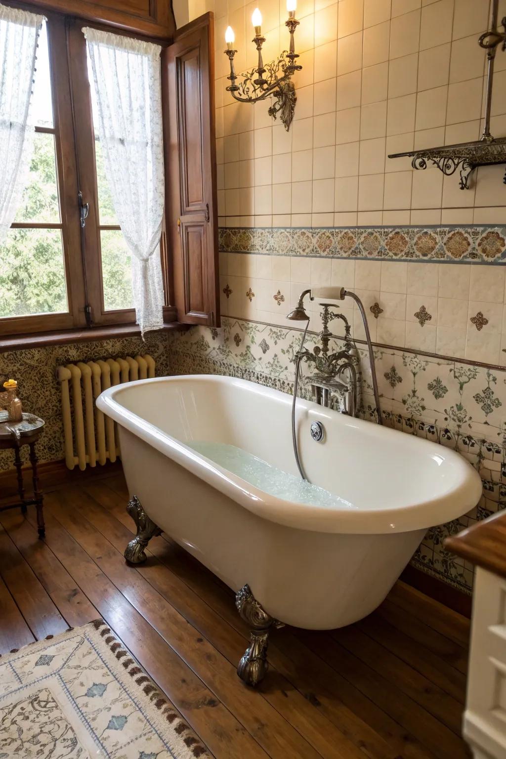 A deluxe standalone clawfoot soaking tub assumes the position of the centerpiece.