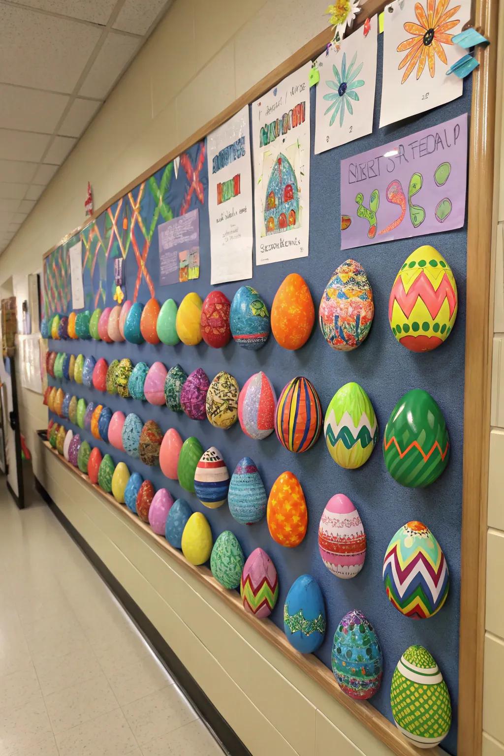 A vibrant array of student-designed geometric Easter eggs.