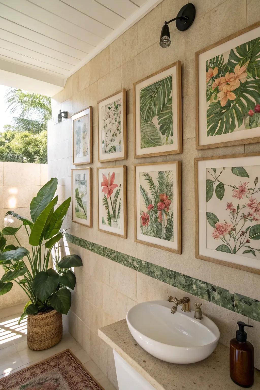 A bathroom presenting green-themed prints that contribute a dash of nature and serenity.