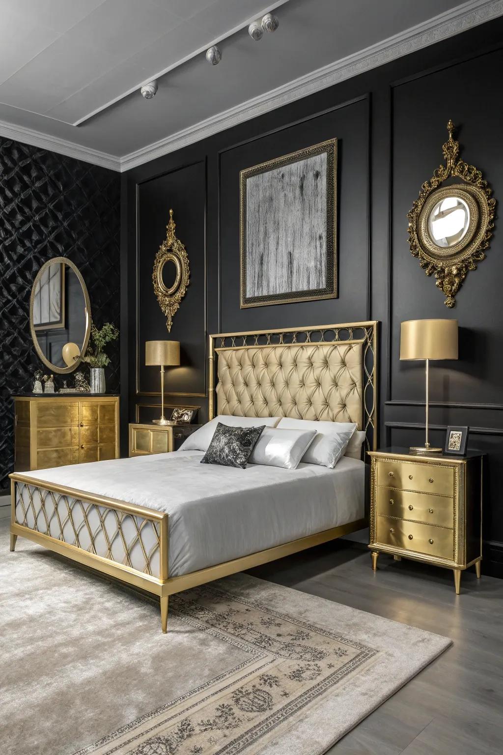 Metallic accents bring a touch of luxury to this monochromatic space.