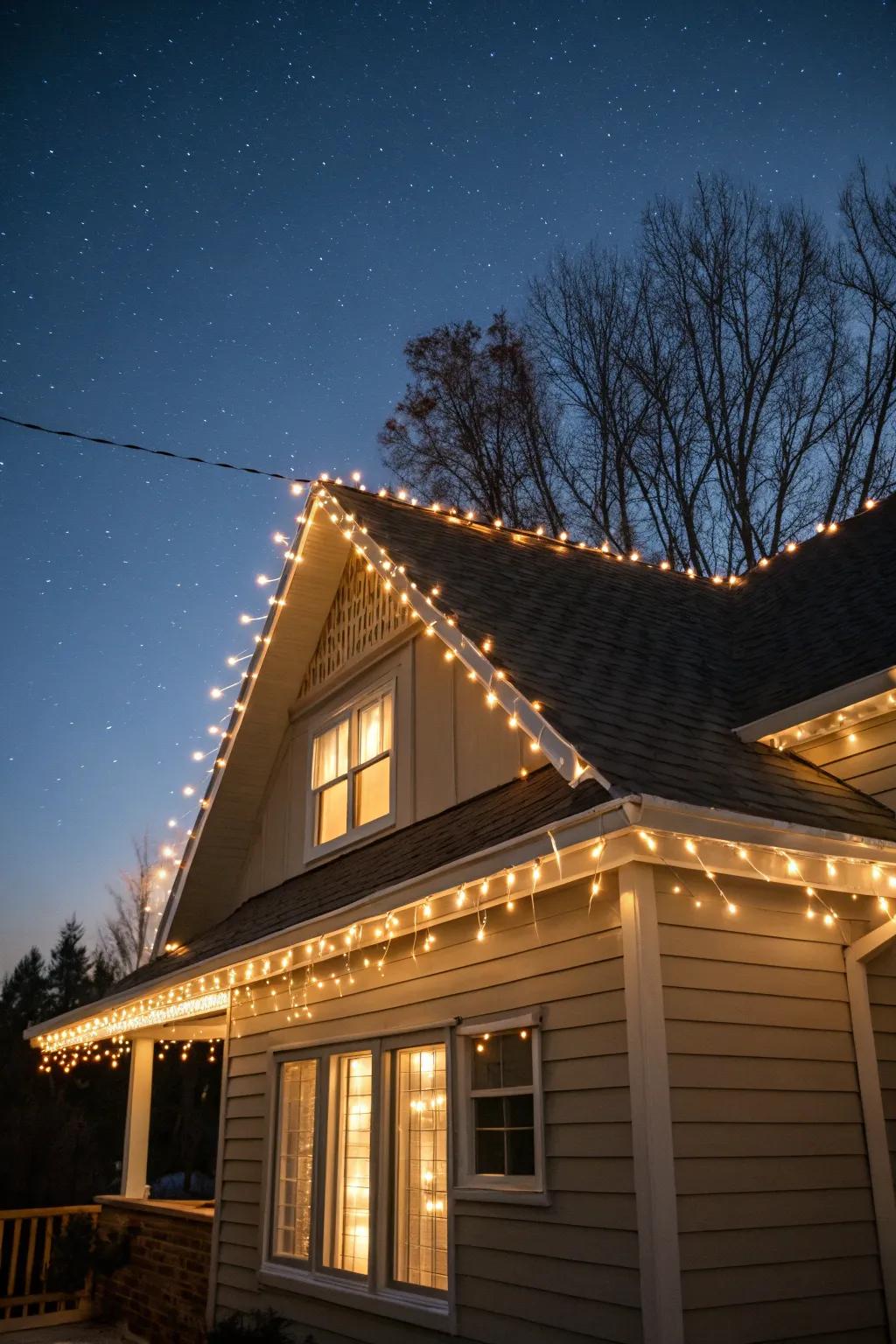 A home's roof gracefully outlined with fairy lights.