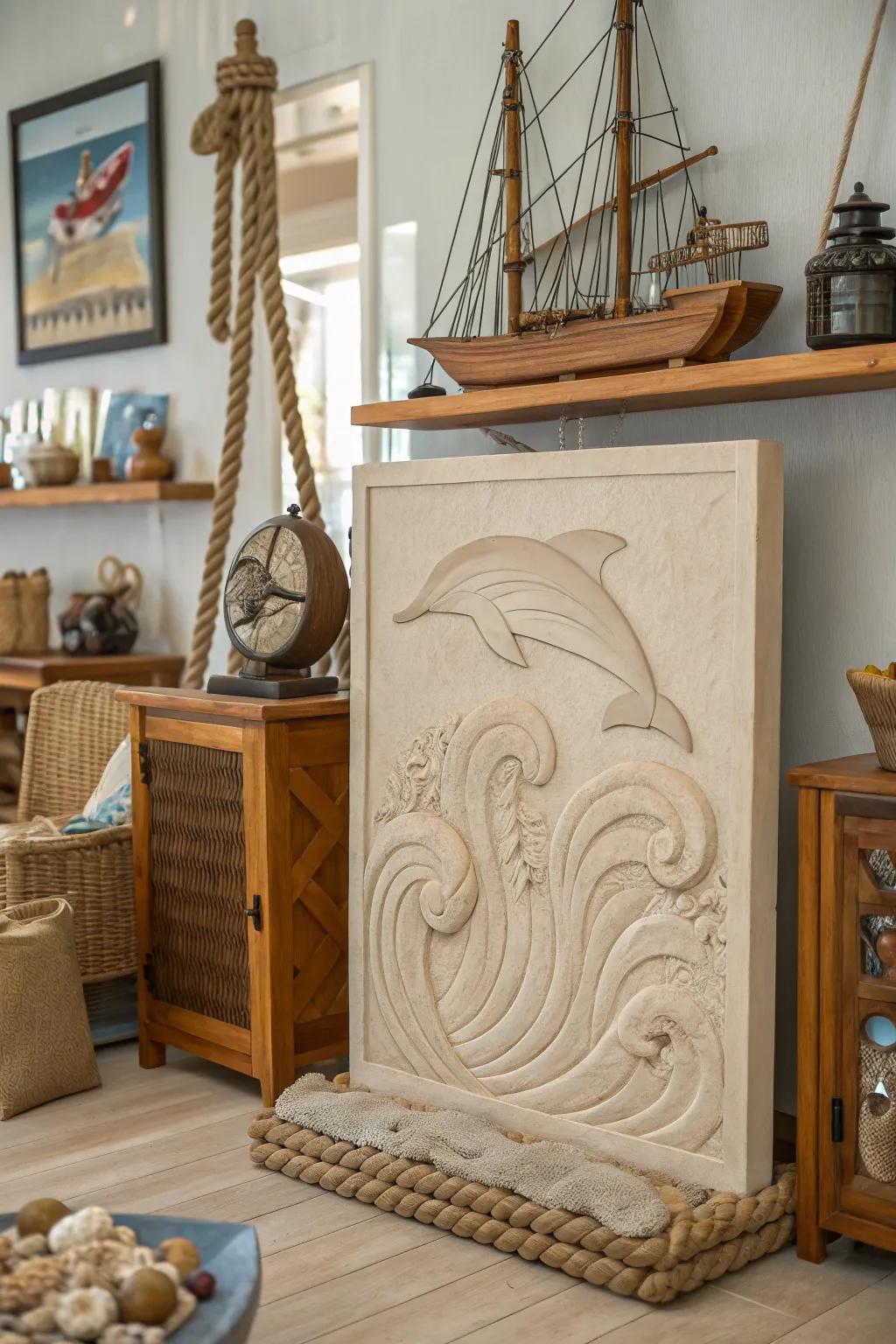An aquatic clay relief sculpture, ideal for adding coastal vibes to your living space.