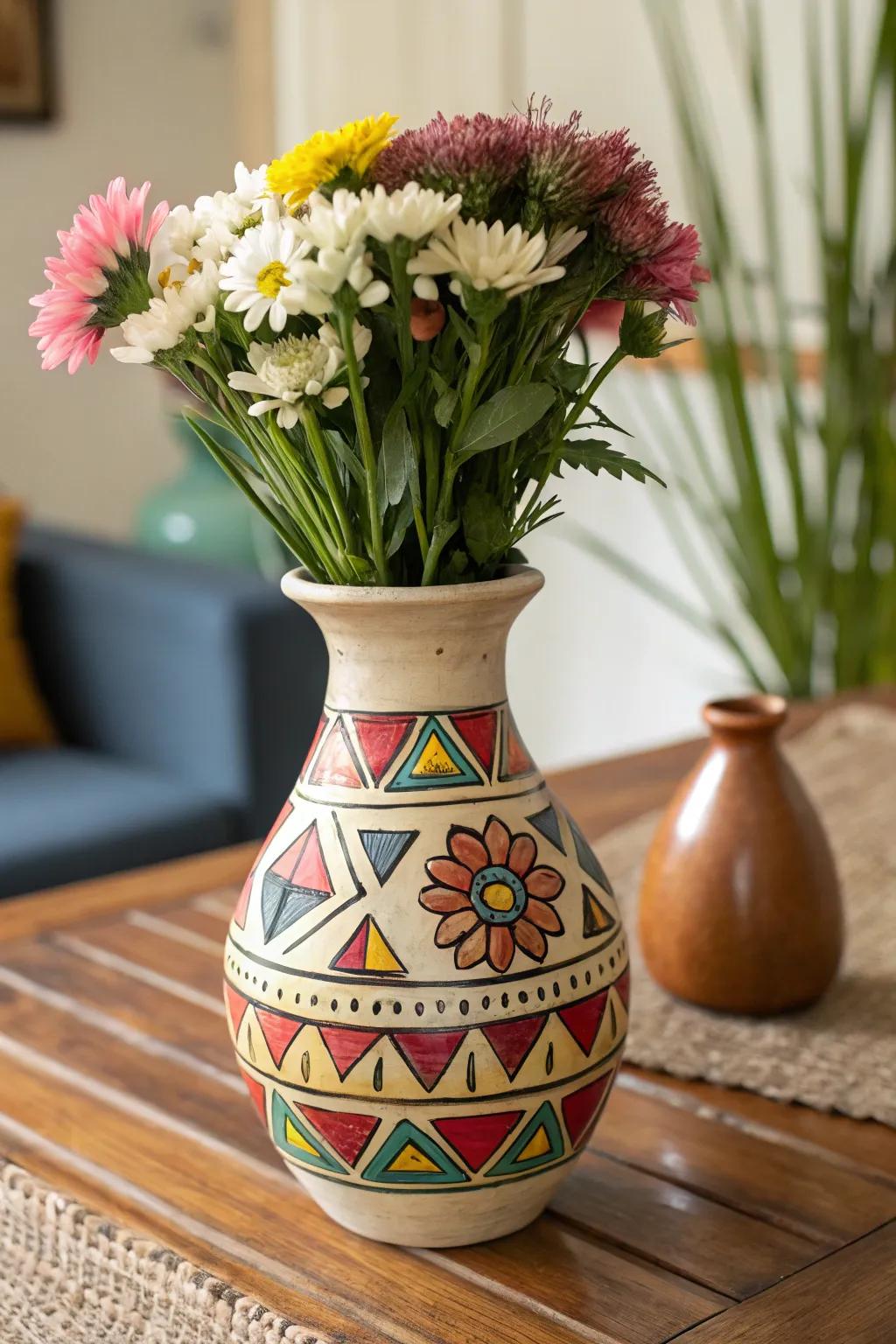An earthenware flower holder that's been manually painted, showcasing vibrant geometrical designs.