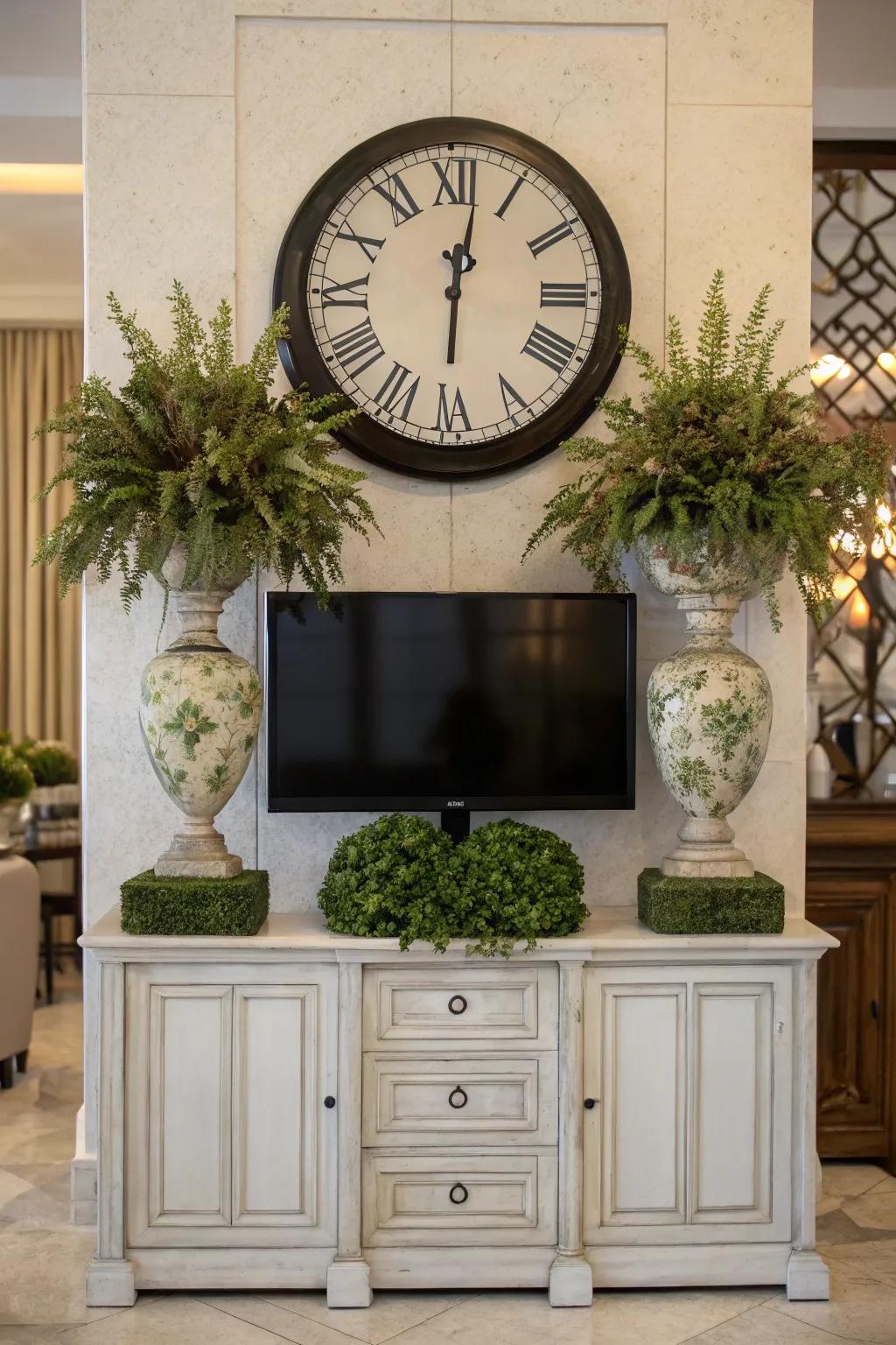 Symmetrical decor using a display and coordinated vases above a TV setup.
