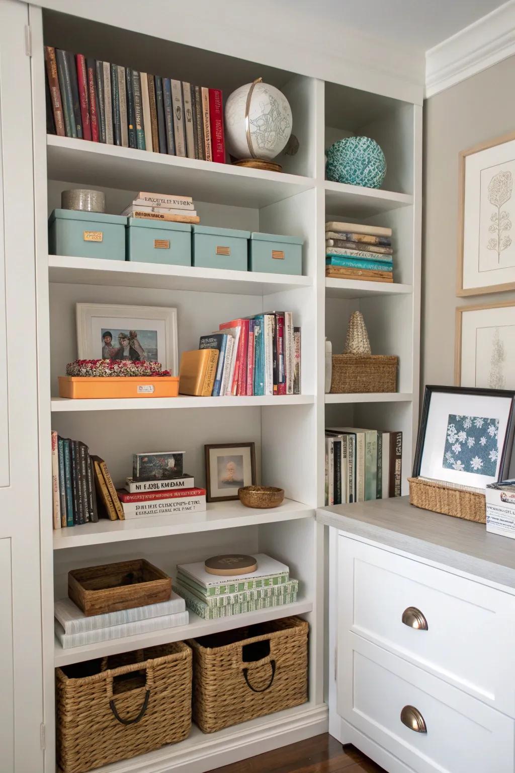 Built-in shelves add both style and usefulness to any cloffice.