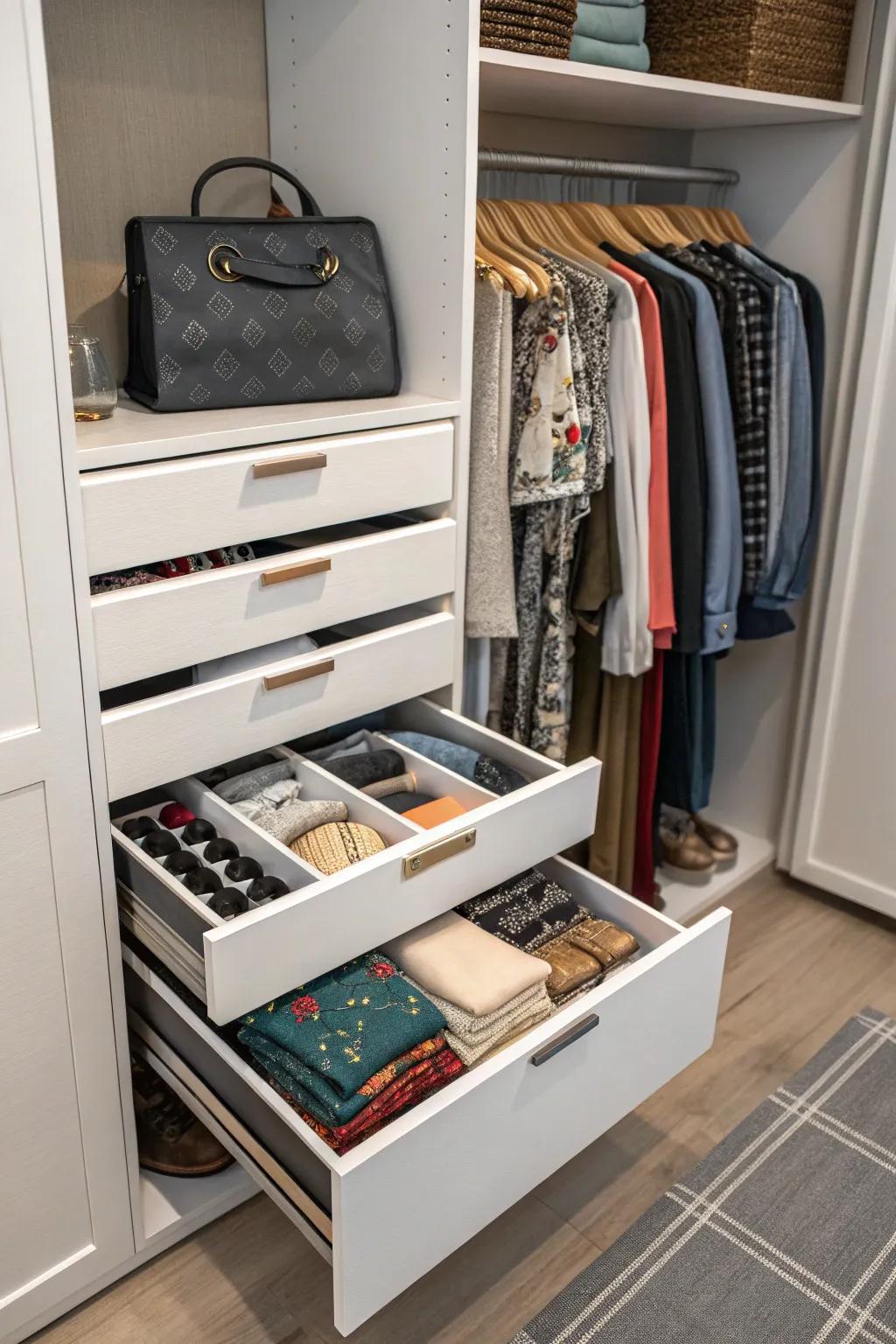 Drawer units maintain order among diminutive items, keeping them concealed yet accessible.