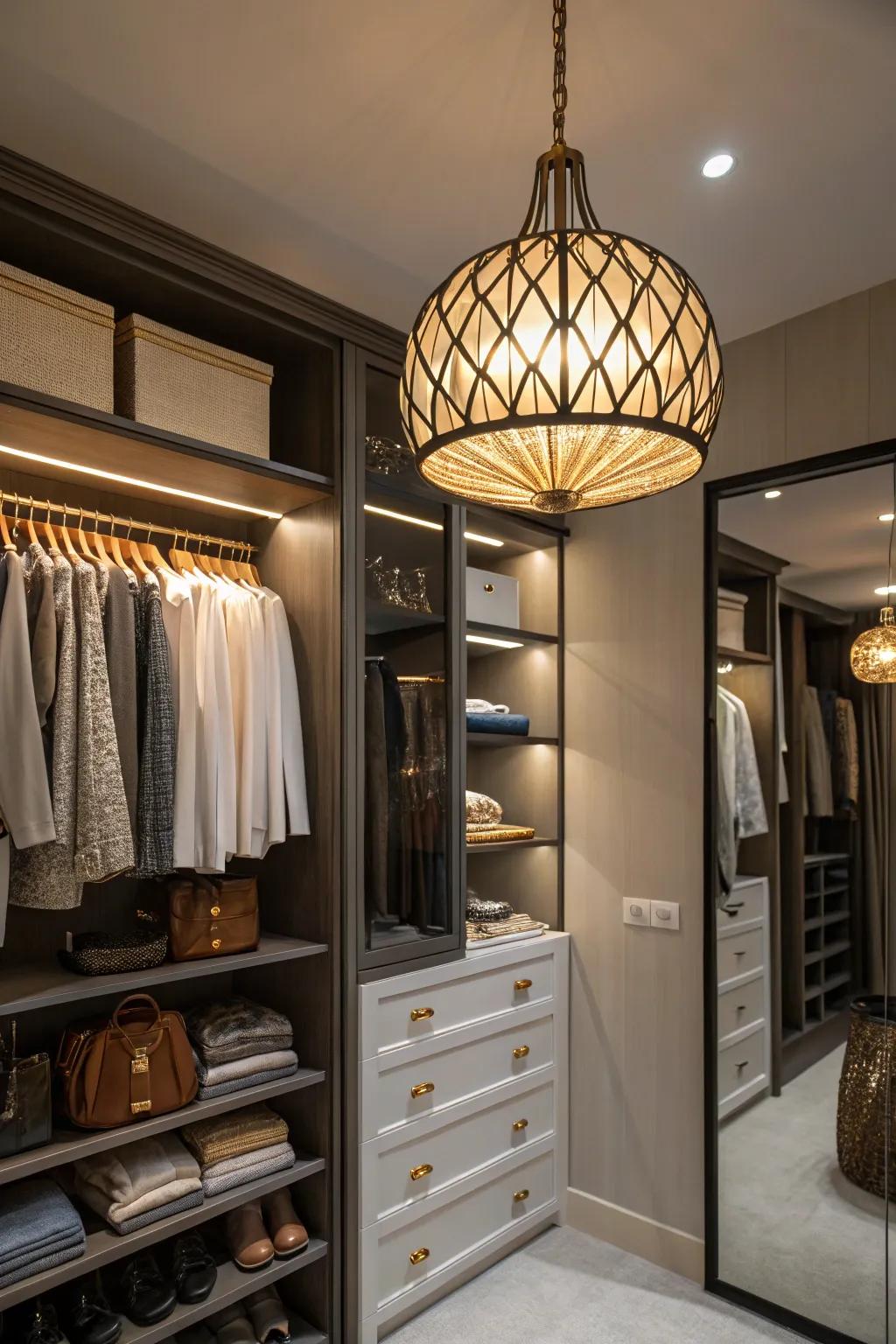 Hanging lights incorporate both allure and practicality into your closet area.