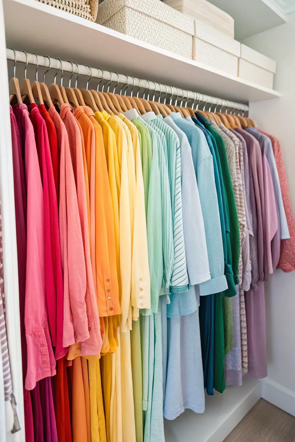 A color-coded wardrobe brings a sense of order and visual delight to your closet.