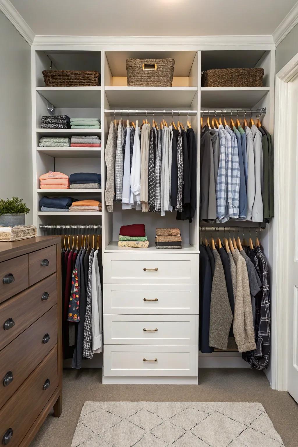 Utilizing vertical area with shelving situated above the dresser.